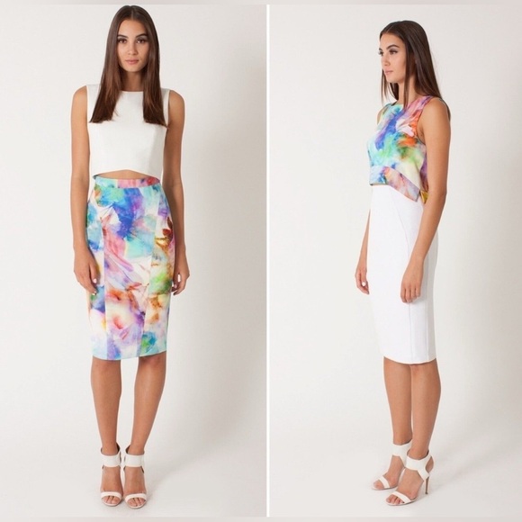 Black Halo Jasper 2-Piece Watercolor Printed Top Skirt Set size 6 Rainbow - Picture 2 of 8